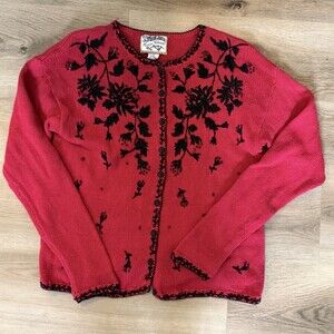 Vintage Style Red Beaded Floral Cardigan Heirloom Collectibles M